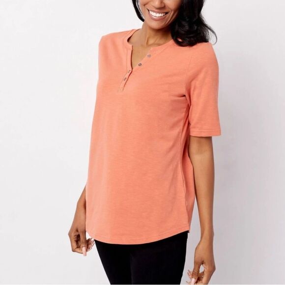 Denim & Co. Essentials Elbow Sleeve Textured Knit Henley Top - Picture 1 of 5